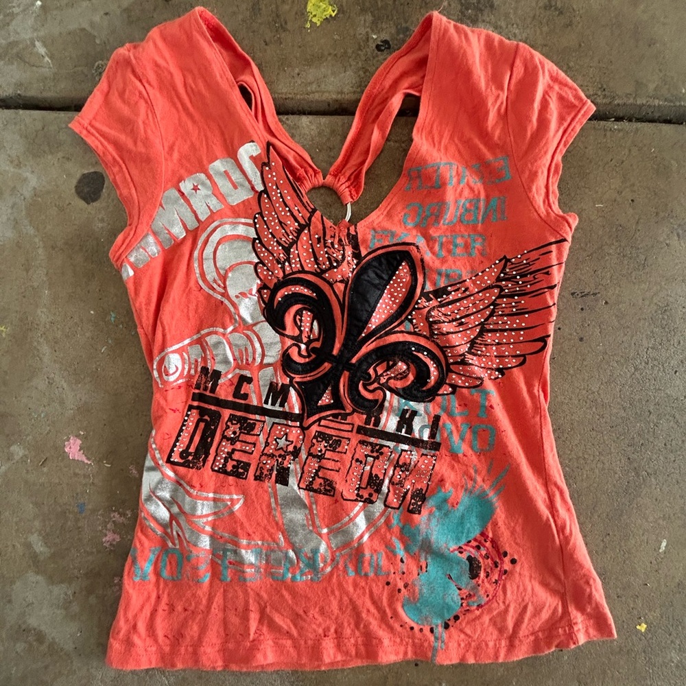 Orange/Salmon Y2K Dereon V-Neck Top With Buckle Back Design